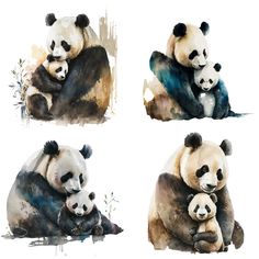 three panda bears are hugging each other on the same piece of art that appears to be painted