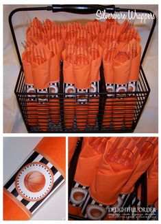 an orange basket filled with lots of orange napkins