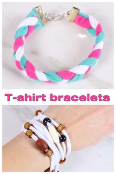 two different types of bracelets with gold and white beads