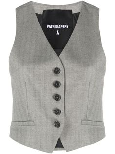 light grey stretch-design twill weave herringbone pattern faux pocket details plunging V-neck front button fastening sleeveless cropped full lining Twill Weave, Outerwear Vest, Airport Fashion, Fashion Designs, Herringbone Pattern, Pocket Detail, Outerwear Women, Herringbone, Light Grey