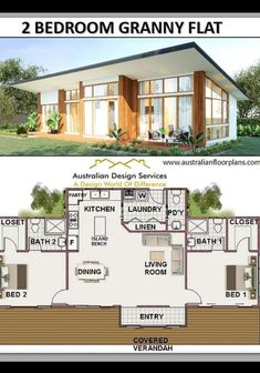 two bedroom granny flat with floor plans and measurements for each room in this house plan