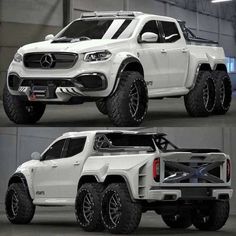 the mercedes benz pickup truck is shown in two different views, one white and one black