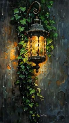 an oil painting of a lamp post with ivy growing up it's side and rain falling down on the ground