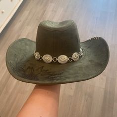 Green Hand Burned, Custom Cowboy Hat. Adjustable Fit. One Of A Kind. Only Worn To Try On. Silver Concho Hat Band. Western Green Hat For Country Events, Country Style Green Hat For Rodeo, Green Country Style Hat For Rodeo, Custom Hat Bands, Embellished Cowboy Hat, Hat Burning, Custom Cowboy Hats, Cowboy Hat Bands, Rhinestone Cowgirl