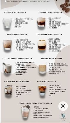 an info sheet with different types of beverages and drinks in each one, including coffee