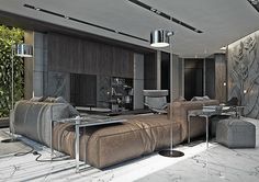 a modern living room with marble floors and walls