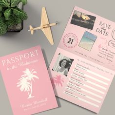 a pink passport card next to a wooden plane on a gray surface with palm trees