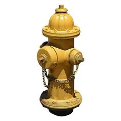 a yellow fire hydrant with chains around it's neck and the top part of its body