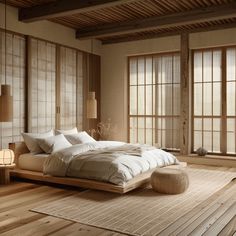 A Japandi-inspired bedroom that combines the elegance of hardwood flooring with the cultural charm of tatami mats and the comfort of a soft, minimalist area rug in muted hues Japandi Style Interior Design, Japandi Bedroom Design, Neutral Interior Design, Sofa Bed Design, Home Design Plan, Neutral Interiors, Japanese Interior, Home Decor Color