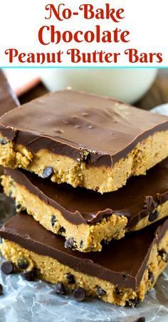 no - bake chocolate peanut butter bars stacked on top of each other