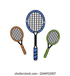 three tennis racquets with different colors and sizes on white background, line art