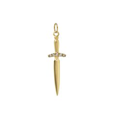 Dagger Necklace with 5 diamonds. Made in NYC with recycled 14k Yellow Gold. The design inspired by tattoo symbolism. We only keep a few pieces in stock. If out of stock, it will be made to order. Please allow 3-4 weeks production time as each piece is created just for you. Chain length = 18" (45.7cm)Pendant height = 30mm (1.2 inches)Recycled gold5 white DiamondHandmade in NYC Tattoo Symbolism, Dagger Necklace, Tool Gifts, Bracelet Collection, Gold Charm, Silver Bracelets, Chain Length, Sterling Silver Bracelets, Sterling Silver Earrings