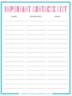 the printable important contacts list is shown in pink, blue and white with an aqua border