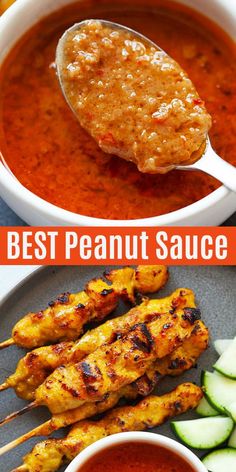 the best peanut sauce for chicken on skewers and cucumber in a bowl