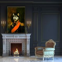 a room with a fireplace, chair and painting on the wall in front of it