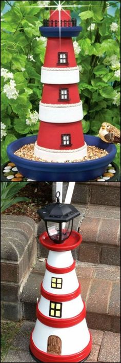 a red and white lighthouse shaped bird feeder