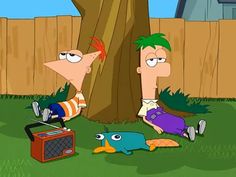 two cartoon characters sitting on the grass in front of a tree and an old radio