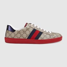 Shop the GG Supreme Beige Canvas Ace Sneaker with Red Sole at GUCCI.COM. Enjoy Free Shipping and Complimentary Gift Wrapping. Gucci Mens Sneakers, Gucci Ace Sneakers, Green Web, Gucci Mane, Metal Tag, Gucci Sneakers, Gucci Gucci, Brown Sneakers, Prada Handbags