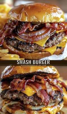 there are two hamburgers stacked on top of each other with bacon and cheese all over them