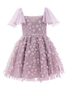 lavender purple tulle overlay polka dot embroidery bow detailing square neck rear zip fastening short sleeves fitted waistline full skirt curved hem Appliqué Dress, Dress Lavender, Tulle Bow, Tulle Bows, Applique Dress, Purple Lavender, Dress Purple, Dresses Kids Girl, Lavender Purple