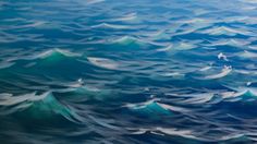 an oil painting of blue ocean waves with birds flying over the water in the background