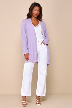 With the Lulus Comfy Memories Lavender Knit Open-Front Cardigan, the outfits you create will be cozy and leave a stylish impression! Medium gauge sweater knit shapes this lightweight cardigan that boasts an open-front design, framed by long sleeves with drop shoulders. The relaxed, long silhouette features two front patch pockets before falling to a notched hem. Subtle ribbed knit accents the cuffs and hem. Fit: This garment fits true to size. Length: Size medium measures 29.75" from shoulder to Lavender V-neck Cardigan For Fall, Cozy Purple Outerwear For Spring, Cozy Lavender Sweater For Fall, Lavender Knit Sweater For Fall, Casual Lavender Sweater For Fall, Cozy Lavender Fall Sweater, Casual Purple Soft Knit Cardigan, Casual Long Sleeve Purple Cardigan, Purple Long Sleeve Casual Cardigan