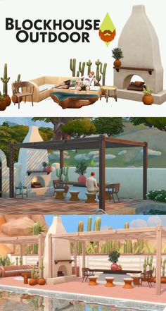 an outdoor living area is shown in two different views