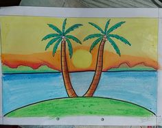 a drawing of two palm trees on an island