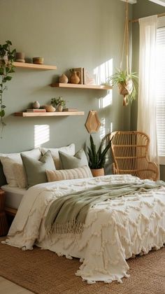 a bed sitting in a bedroom next to a window with lots of plants on top of it