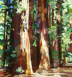 an abstract painting of trees in the woods