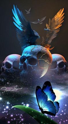 a blue butterfly flying over skulls in the sky