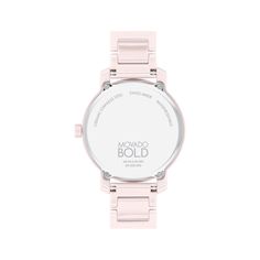 With the perfect pop of sparkle, this women's Movado BOLD ceramic watch is a fashion-forward choice. 34mm blush-pink ceramic and stainless steel case Pink circular-textured dial, slim hands, iconic dot motif in sparkling crystals and K1 crystal Flexible blush-pink ceramic bracelet with stainless steel push-button clasp Water-resistant to 30 meters Modern Pink Round Dial Watches, Modern Pink Analog Watch, Pink Watches With Diamond Hour Markers, Modern Pink Watches With Diamond Hour Markers, Slim Hands, Ceramic Bracelet, Movado Bold, Ceramic Watch, Pink Ceramic