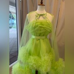 Comes With A Belt, A Cape, And The Dress Yellow Fitted Tulle Dress, Yellow Tulle Dress For Spring, Spring Yellow Tulle Dress, Yellow Mini Dress For Spring Wedding, Yellow Tulle Evening Dress, Spring Wedding Yellow Mini Dress, Green Tulle Dress, Green Tulle, Tulle Dress