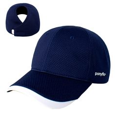 a navy and white hat with the word ponyville on it's side, next to a ponytail