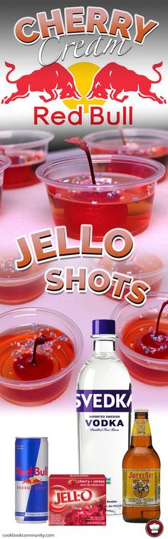 an advertisement for jello shots with the name cherry red bull on it and various drinks in