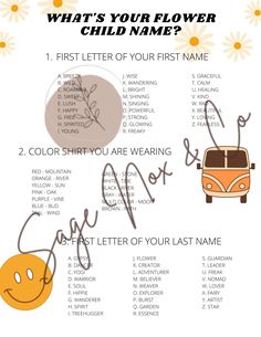 a child's first name with flowers and an orange vw bus