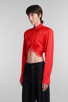 Shirt in red Triacetate, collar, long sleeves, concealed front fastening, sangallo lace detail, structured shoulders, crop cut, Made in Uk, 78% triacetate 22% polyester, Model is 178 cm and wears size 8 David Koma, Prada Leather, Saint Laurent Shoes, Pleats Please Issey Miyake, Yoga Wear, Luxury Boutique, Women Collection, Lace Detail, Cool Kids