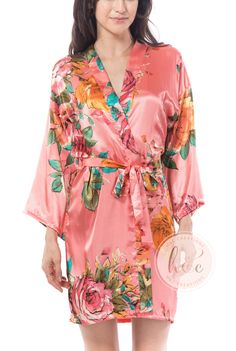 "Bridesmaid Robes, Bridal Robes, Bridal Party Gifts, Bridal Party Robes, Satin Robe, Wedding Robes, Satin Bridal Robe, Satin Bridesmaid Robe 🌸 Please noted this is Watercolor Floral Robe listing not plain robe listing. If you would like to purchase solid white robe for bride, please check out the listing below https://etsy.me/3cGgTdW This listing you can choose the robe with or without embroidery and also can choose 5 different sizes. Robe description - Kimono Style -Lightweight Polyester Satin Beach Wrap Robe With Floral Print, Navy Bridal Parties, Pink Satin Spring Robe, Bridal Party Robes Floral, Multicolor Floral Print Wrap Robe, Wedding Day Robes, Floral Print V-neck Robe For Summer, Satin Bridal Robe, Bridesmaid Kimono