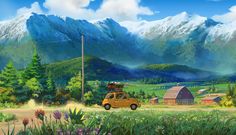 a painting of a yellow car parked in the middle of a field with mountains behind it