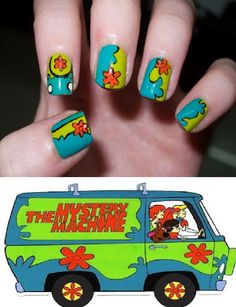 scooby doo nails! love love love! Best Summer Nail Color, Beach Nail Art, Mystery Machine, Nail Color Trends, Disney Nails, Summer Nails Colors, Cute Nail Art