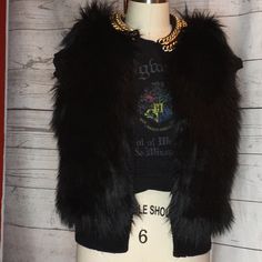 Preowned Unworn Faux Fur. Jeweled Neckline As Seen Knit Back Black Winter Vest For Night Out, Black Vest For Night Out In Fall, Fitted Michael Kors Winter Outerwear, Black Fall Party Vest, Black Party Vest For Fall, Jewel Neckline, Black Vest, Michael Kors Black, Faux Fur