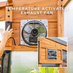 a person holding a cell phone up to a wall mounted air conditioner with the words temperature activated exhaust fan above it