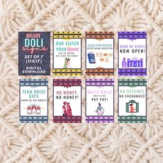 six books with different covers on them sitting on a white blanket in front of a pile of yarn