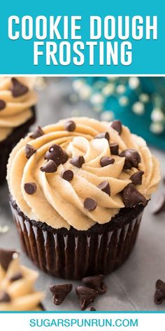 two chocolate cupcakes with white frosting and chocolate chips on top, the title reads cookie dough frosting