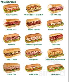 an image of sandwiches with different types of meats and vegetables on them, all labeled in