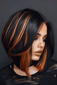 Two Tones Hairstyles, Color Block Hair Black, Black Hair Orange Highlights, Black Hair Copper Highlights, Black Bob With Highlights, Orange Highlights In Black Hair, Black Hair With Copper, Red And Black Hair Color Ideas, Ginger Hair With Black Tips