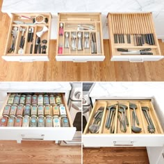 the drawers are open and filled with kitchen utensils