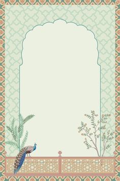 a peacock sitting on top of a wooden table next to a plant and an ornate frame