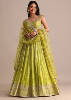 Light Green Embroidered Silk Lehenga Choli With Dupatta Light Green Lehenga, Green Lehenga Choli, Indian Wedding Guest, Silk Lehenga Choli, Sequin Saree, Indian Wedding Outfit, Bridal Design, Green Lehenga, Wedding Guest Attire