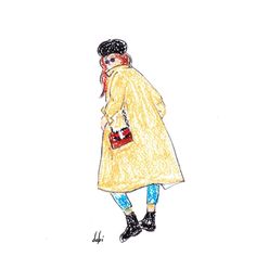 a drawing of a woman in a yellow coat and blue jeans holding a red purse